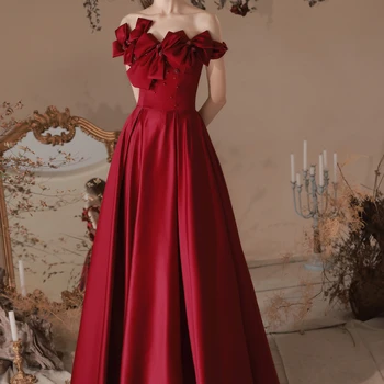 Бант на одно плечо, Тосты, Вечернее платье цвета красного вина для Банкета, Вечернее платье в иностранном стиле, платье для Невесты, Свадебные Вечерние платья для Помолвки