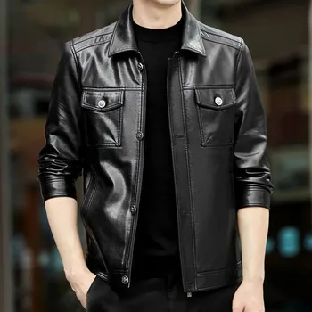 Модное мужское корейское тонкое мотоциклетное пальто, утепленная плюшевая короткая кожаная куртка из овчины с множеством карманов, приталенная мужская верхняя одежда