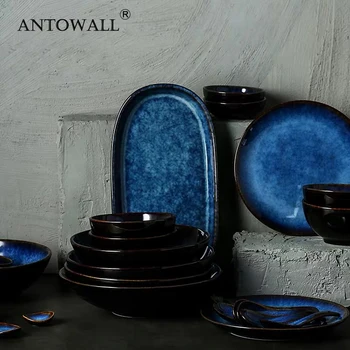 Керамическая посуда ANTOWALL тускло-синего цвета, обеденный набор, Чаша, сервиз, фарфоровая посуда