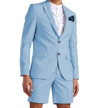 2023 Последняя летняя мода Небесно-голубой Лацкан Slim Fit Повседневный мужской костюм-двойка (куртка + шорты) Blaser Masculino Slim Masculine