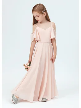 Шифоновое платье с цветочным узором для девочек, V-образный вырез, длина до пола, Трапециевидное свадебное платье Принцессы для девочек на День рождения, свадебный вечер