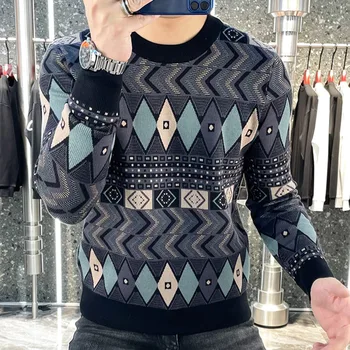 Модный свитер с бриллиантовым принтом в корейском стиле, мужской пуловер, осенний свитер для мужчин, вязаный свитер с круглым вырезом