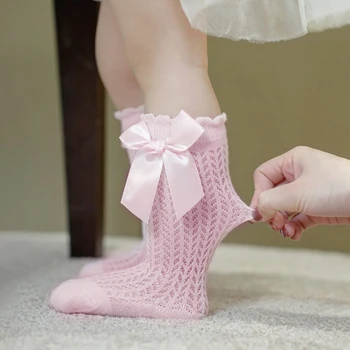 Носки до колена для Младенцев от 0 до 3 лет с Бантиками, Дышащие Сетчатые носки для маленьких девочек, Летние Хлопковые Мягкие Носки Для новорожденных