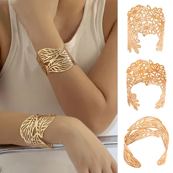DIEZI Новая мода в стиле панк, Выдалбливают манжеты, широкие браслеты, простые браслеты цвета: золотистый, серебристый, с листьями и цветочным узором для женщин, браслеты-браслеты