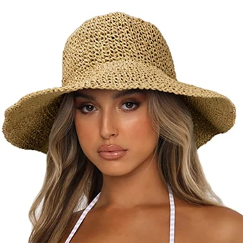 Женские Пляжные соломенные шляпы от Солнца, летняя пляжная кепка с широкими полями для женщин, Складная дорожная соломенная шляпа 56-58 см